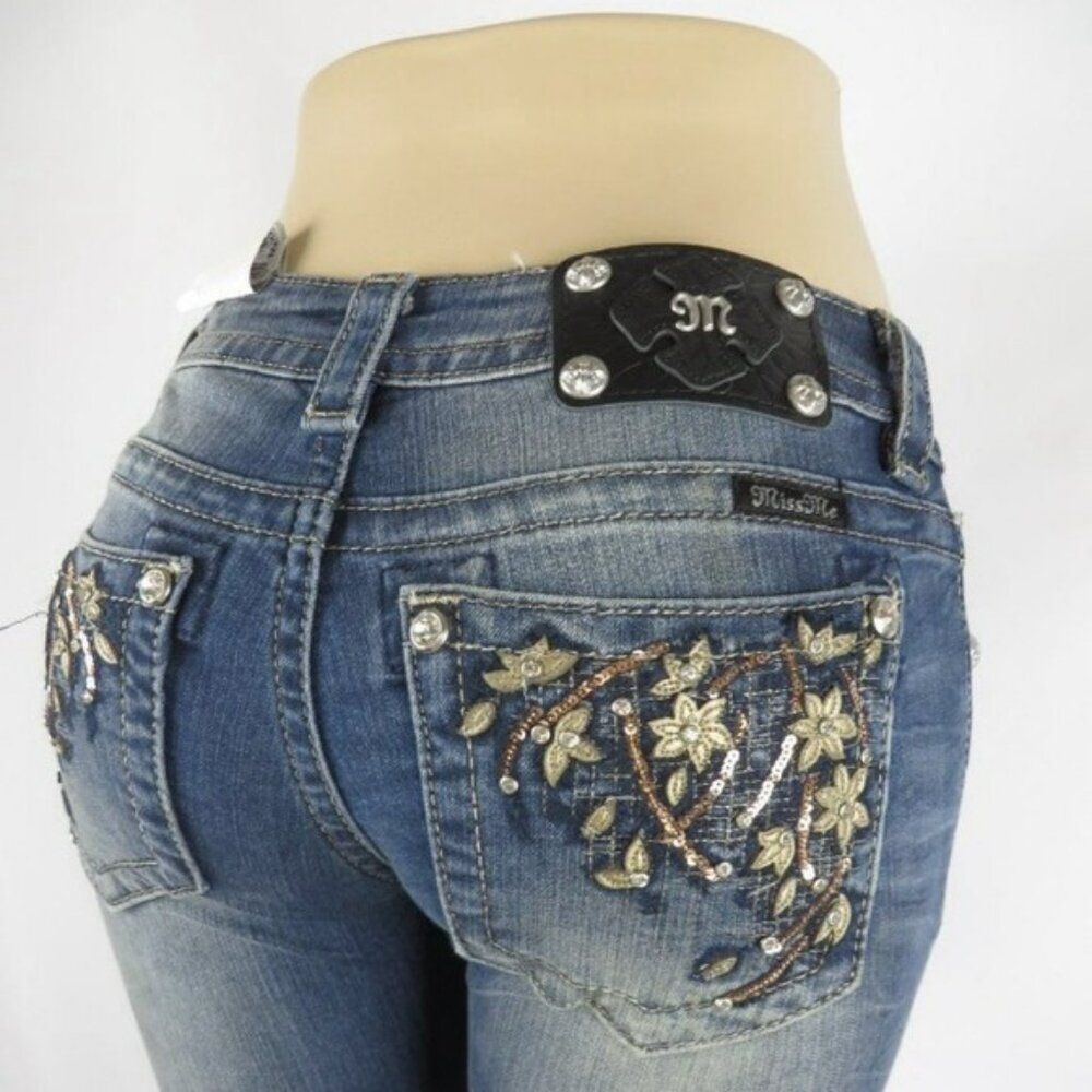 Miss Me Low Rise Signature Boot Cut Jeans Floral Rhinestone Pockets  Medium Wash